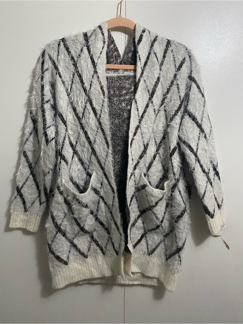 Cozy Diamond-Pattern Fuzzy Open Cardigan Sweater size L-XL